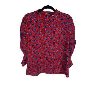 Melloday Red Blue Floral Long Ruched Sleeve High Neck Top Size L Keyhole